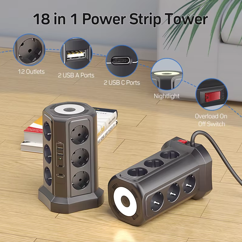 Listwa Zasilająca XT-G3211 4000W 16A z Ochroną Przeciwprzepięciową, Gniazda EU USB, Nocna Lampka, Multi-gniazdko, Przedłużacz do Domu/Biura