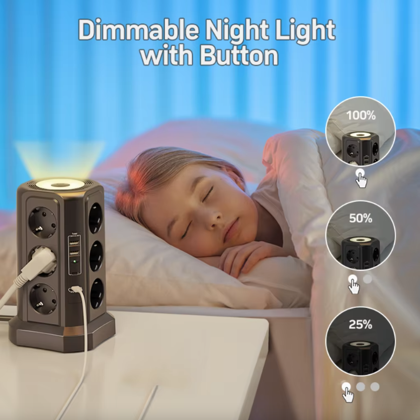 Listwa Zasilająca XT-G3211 4000W 16A z Ochroną Przeciwprzepięciową, Gniazda EU USB, Nocna Lampka, Multi-gniazdko, Przedłużacz do Domu/Biura