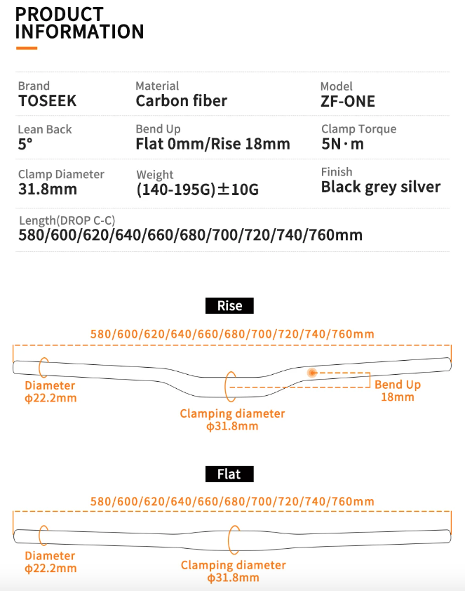 TOSEEK ZF-ONE MTB Kierownica karbonowa 31.8mm, lekka, matowa czerń, 580mm/760mm, ergonomiczny design, najwyższa jakość