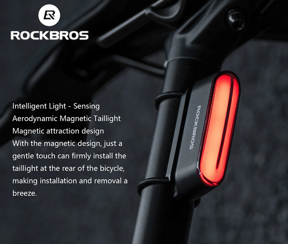 ROCKBROS Magnetyczna Lampka Rowerowa IPX6 Wodoodporna, Smart Sensor, 7 Trybów, Nocne Ostrzegawcze Światło Tylne LED