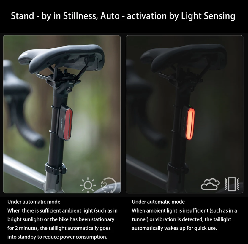 ROCKBROS Magnetyczna Lampka Rowerowa IPX6 Wodoodporna, Smart Sensor, 7 Trybów, Nocne Ostrzegawcze Światło Tylne LED