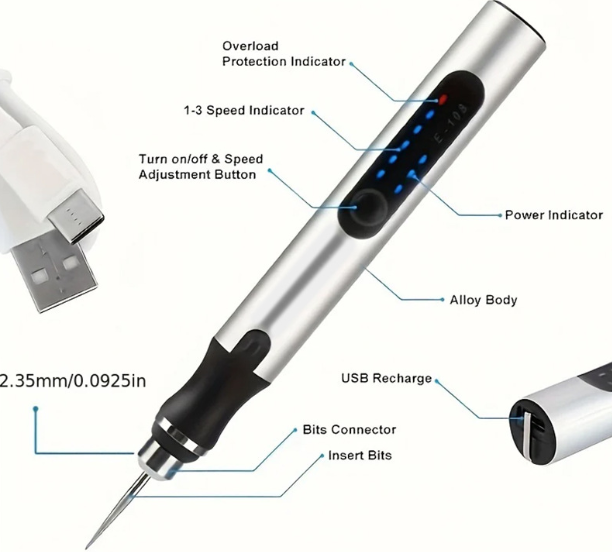 USB Ładowalne pióro do grawerowania z 35 końcówkami, Mini elektryczny grawer do wytrawiania, bezprzewodowe narzędzia obrotowe, model do grawerowania biżuterii, kamienia, metalu, plastiku, drewna, żywicy