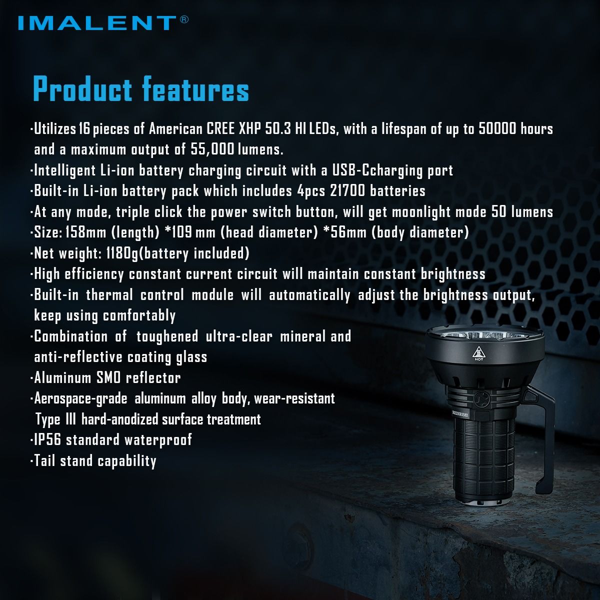 IMALENT SR16 Latarka LED 55000lm, 1715m daleki zasięg. Mocna latarka szperacz na każdą przygodę!