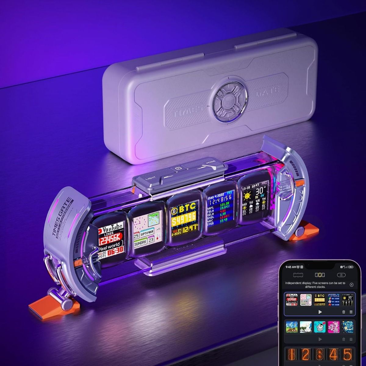 Divoom Times Gate - Cyfrowy budzik do zestawu gamingowego w stylu cyberpunk, inteligentna aplikacja, połączenie WiFi, wyświetlacz LED RGB, spersonalizowany pulpit finansowy i Bitcoin, Pixel Art do dekoracji pokoju gamingowego i biura
