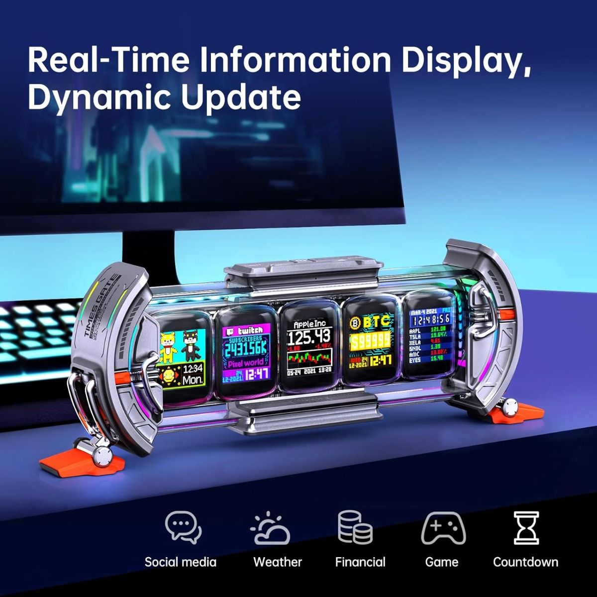 Divoom Times Gate - Cyfrowy budzik do zestawu gamingowego w stylu cyberpunk, inteligentna aplikacja, połączenie WiFi, wyświetlacz LED RGB, spersonalizowany pulpit finansowy i Bitcoin, Pixel Art do dekoracji pokoju gamingowego i biura