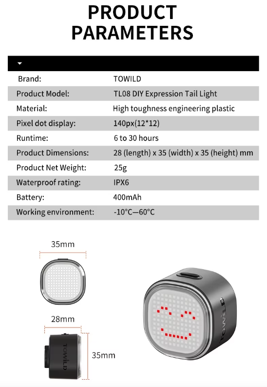 TOWILD TL08 Lampka Rowerowa Tylna Pełnokolorowa, USB-C, Światło Hamowania, Spersonalizowana Aplikacją, Wodoodporna IPX6