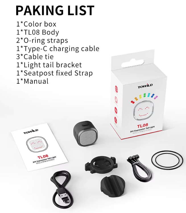TOWILD TL08 Lampka Rowerowa Tylna Pełnokolorowa, USB-C, Światło Hamowania, Spersonalizowana Aplikacją, Wodoodporna IPX6