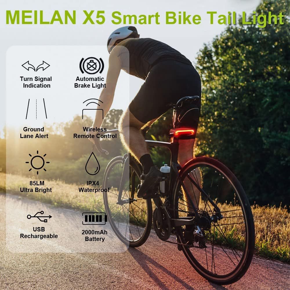 Meilan X5 Inteligentna lampka rowerowa: kierunkowskazy, stop, pilot. USB, bezpieczeństwo.