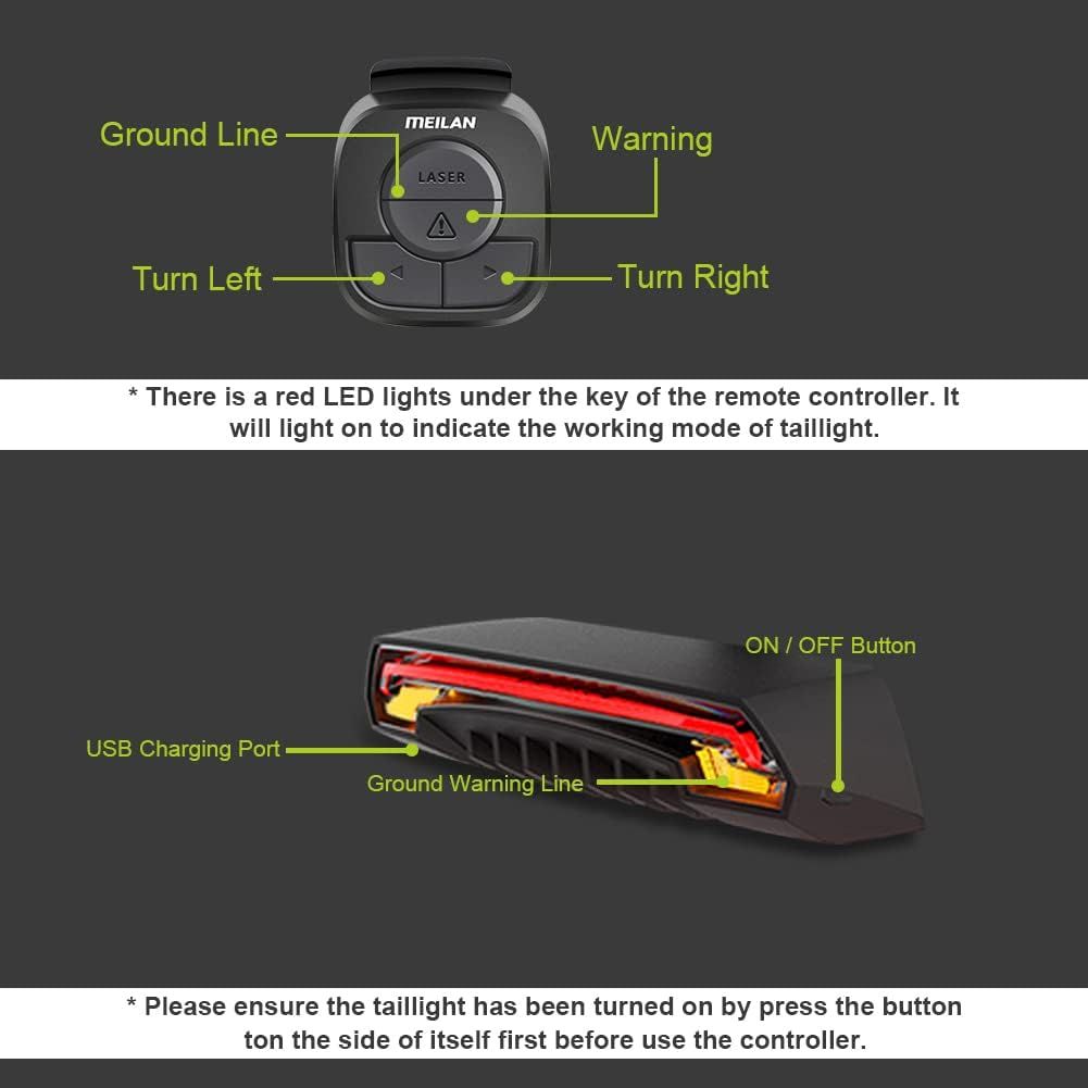 Meilan X5 Inteligentna lampka rowerowa: kierunkowskazy, stop, pilot. USB, bezpieczeństwo.